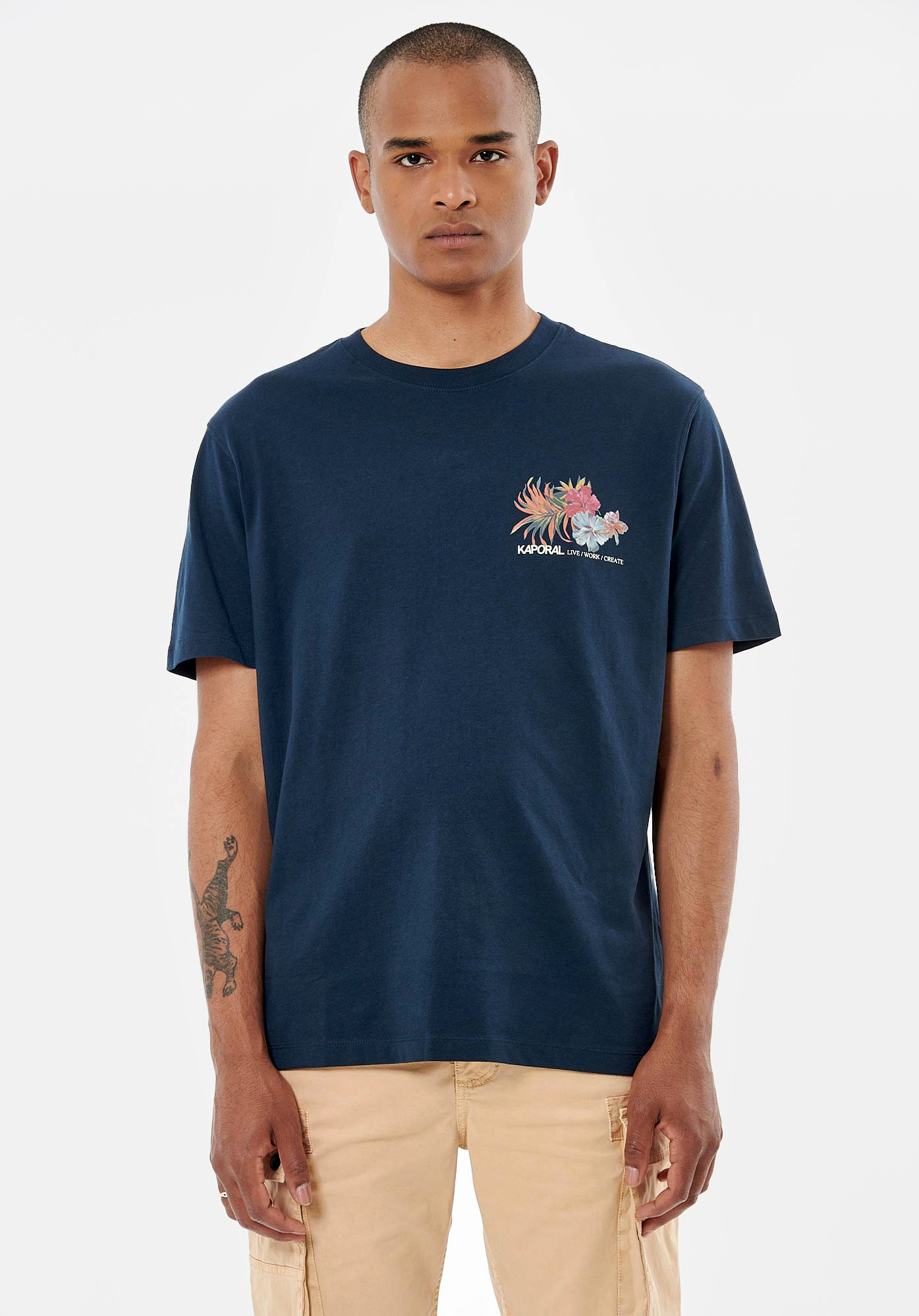 TIGAU  T-shirt bleu marine homme 100% coton