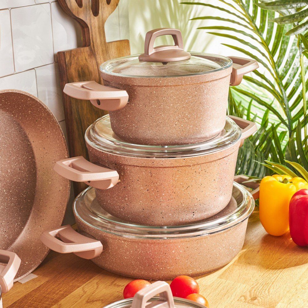 KRC Topf-Set Karaca Biogranit Rosegold 12 Teiliges Topfset Non-toxic Basic Topfset Griffe, Ausgezeichnete Wärmeverteilung, Bratpfanne, Deckel, Spülmaschine, Garantiert