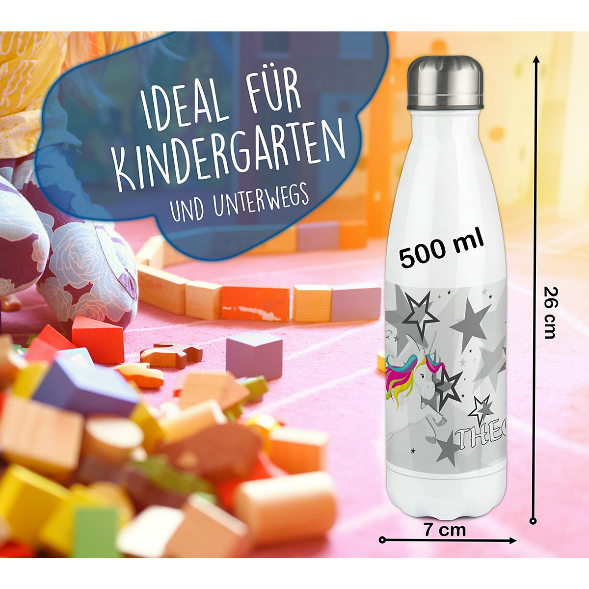 Edelstahl Kinder Thermoflasche / Trinkflasche bunt Pegasus Sterne Farbe grau Spülmaschinenfest, Auslaufsicher, Bruchfest, Doppelwandig, Für Heißgetränke geeignet, Mit Deckel, Isoliert