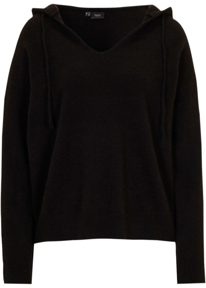 Strick-Pullover mit V-Ausschnitt und Kapuze