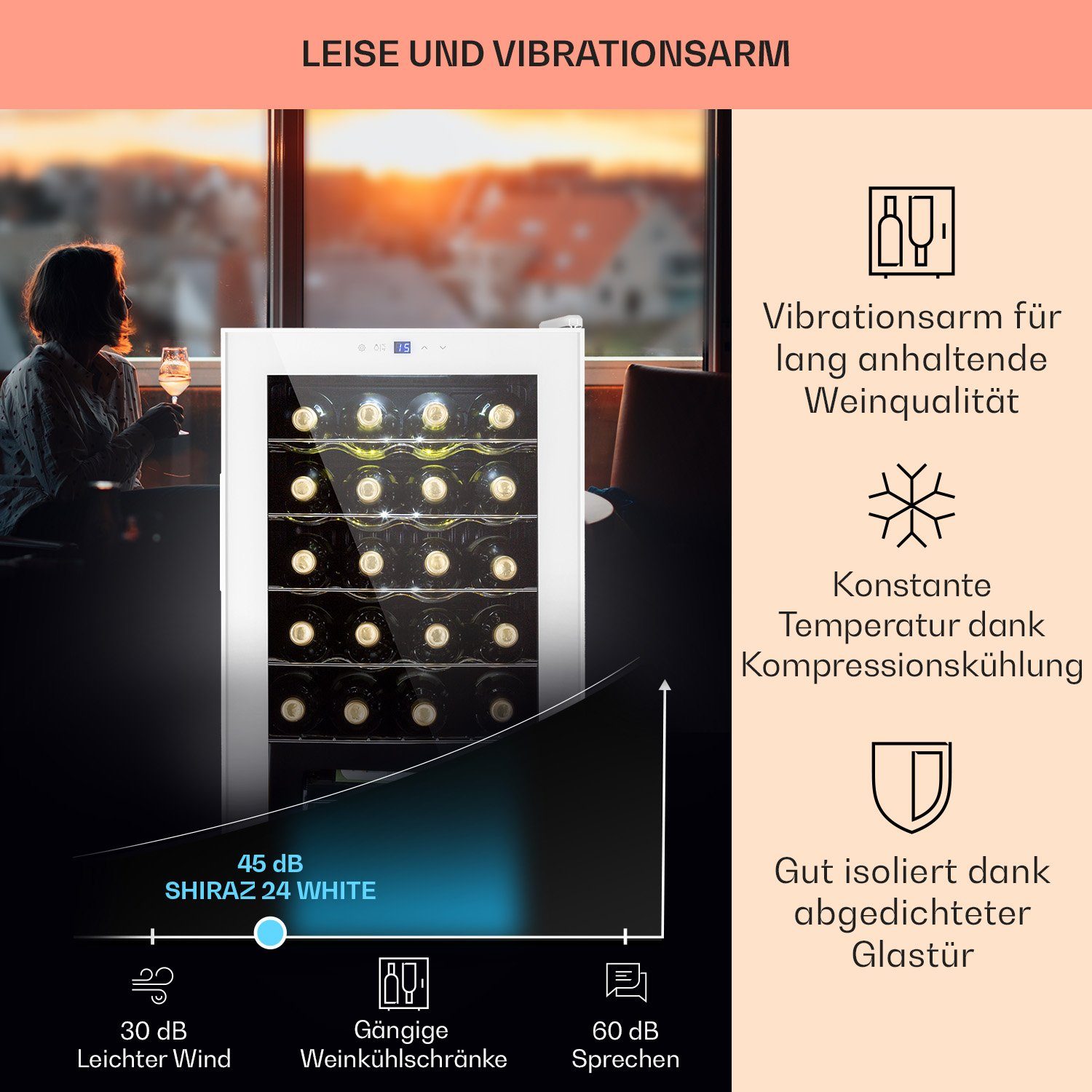 Klarstein Weinkühlschrank Shiraz 24 Uno, für 24 Standardflaschen á 0,75l,Wein Flaschenkühlschrank Weintemperierschrank Weinschrank Kühlschrank
