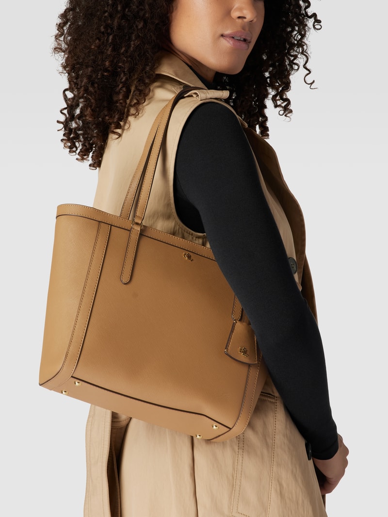 Tote Bag aus echtem Leder mit Label-Detail in sand