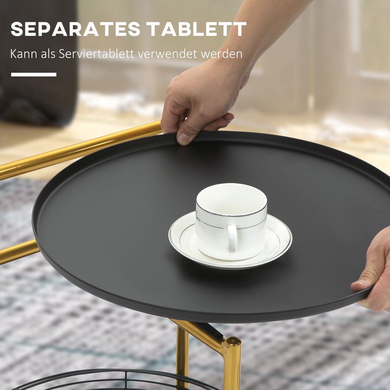 HOMCOM Beistelltisch 2-in-1 Design Rund Nachttisch Couchtisch mit Ablagen Serviertablett Industrie-Design Sofatisch Kaffeetisch für Schlafzimmer Wohnzimmer Stahl Schwarz Gold 43 x 45 x 61,5 cm