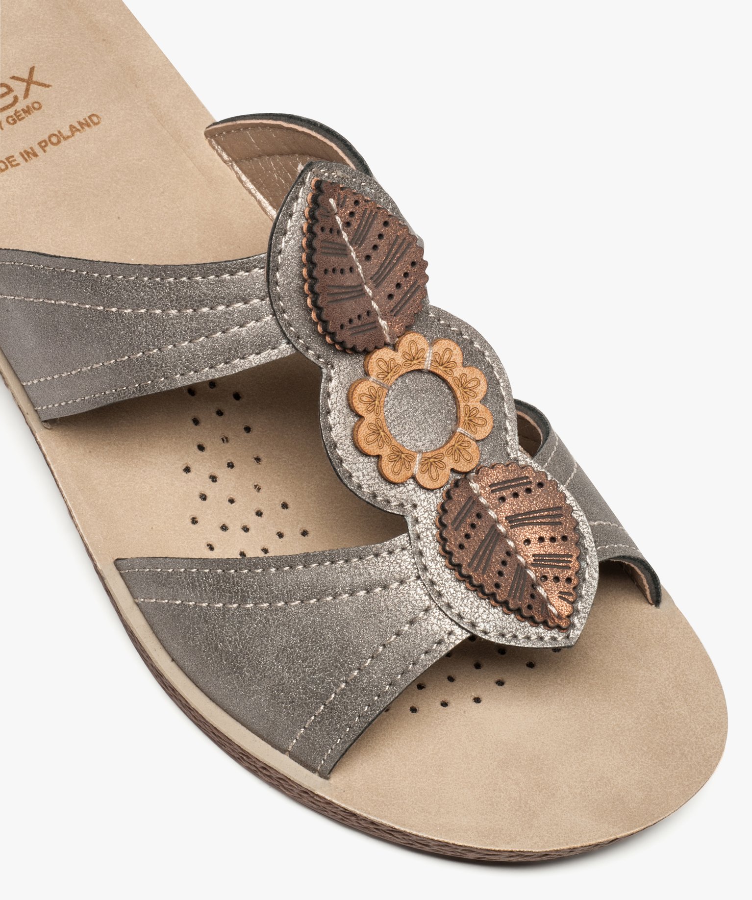Mules femme confort à talon compensé et brides fantaisie gris | GEMO