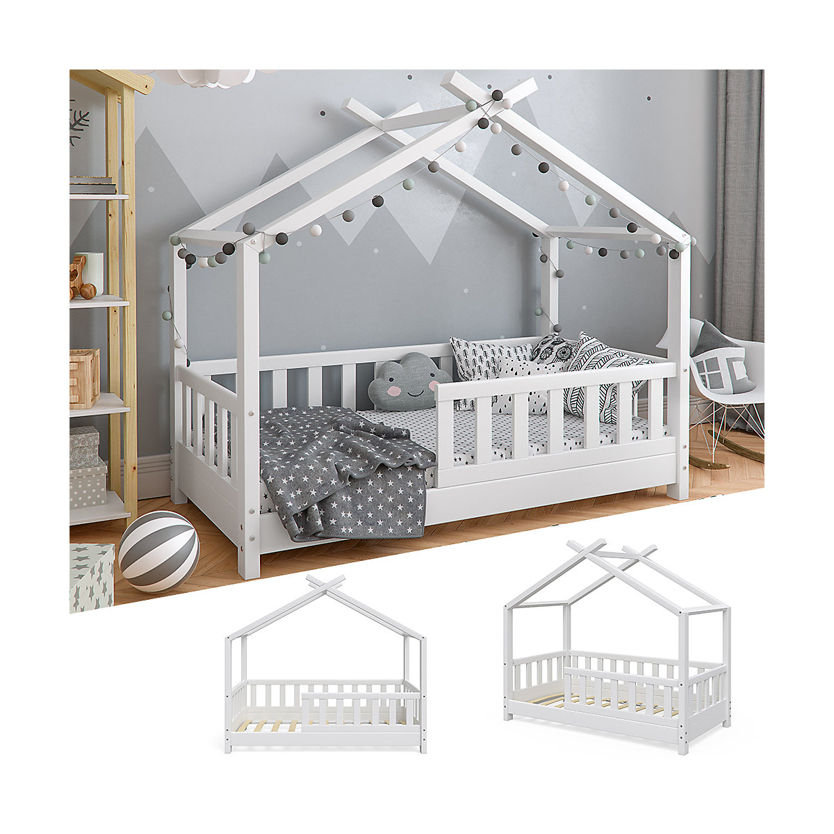 Kinderbett Design 70x140 cm mit Zaun Weiß