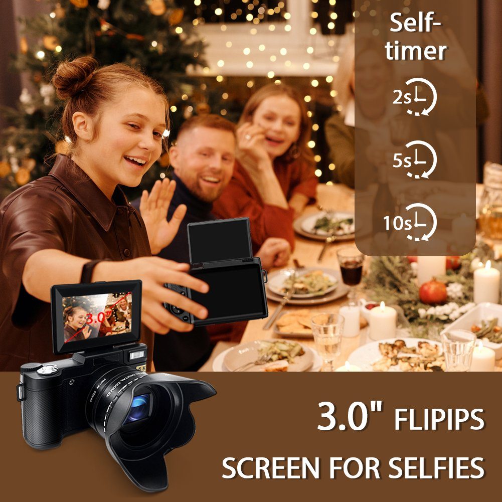 A Ade 4K Digitalkamera, 48MP Kameras Fotokamera mit 3,0 Zoll Bildschirm Kompaktkamera (Wide D120 H88 V63, 48 MP, 5x opt. Zoom, inkl. 32GB TF-Karte, 8x Digitalzoom)