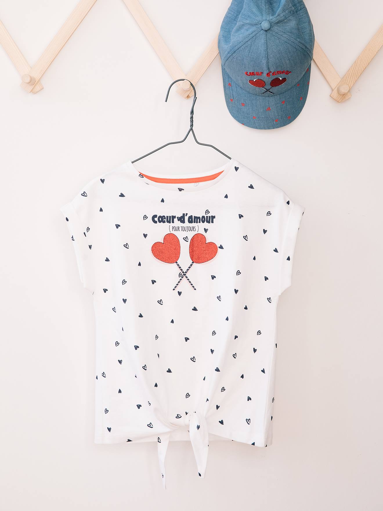 Vertbaudet Mädchen T-Shirt mit Glitzerherzen Oeko-Tex - weiß bedruckt