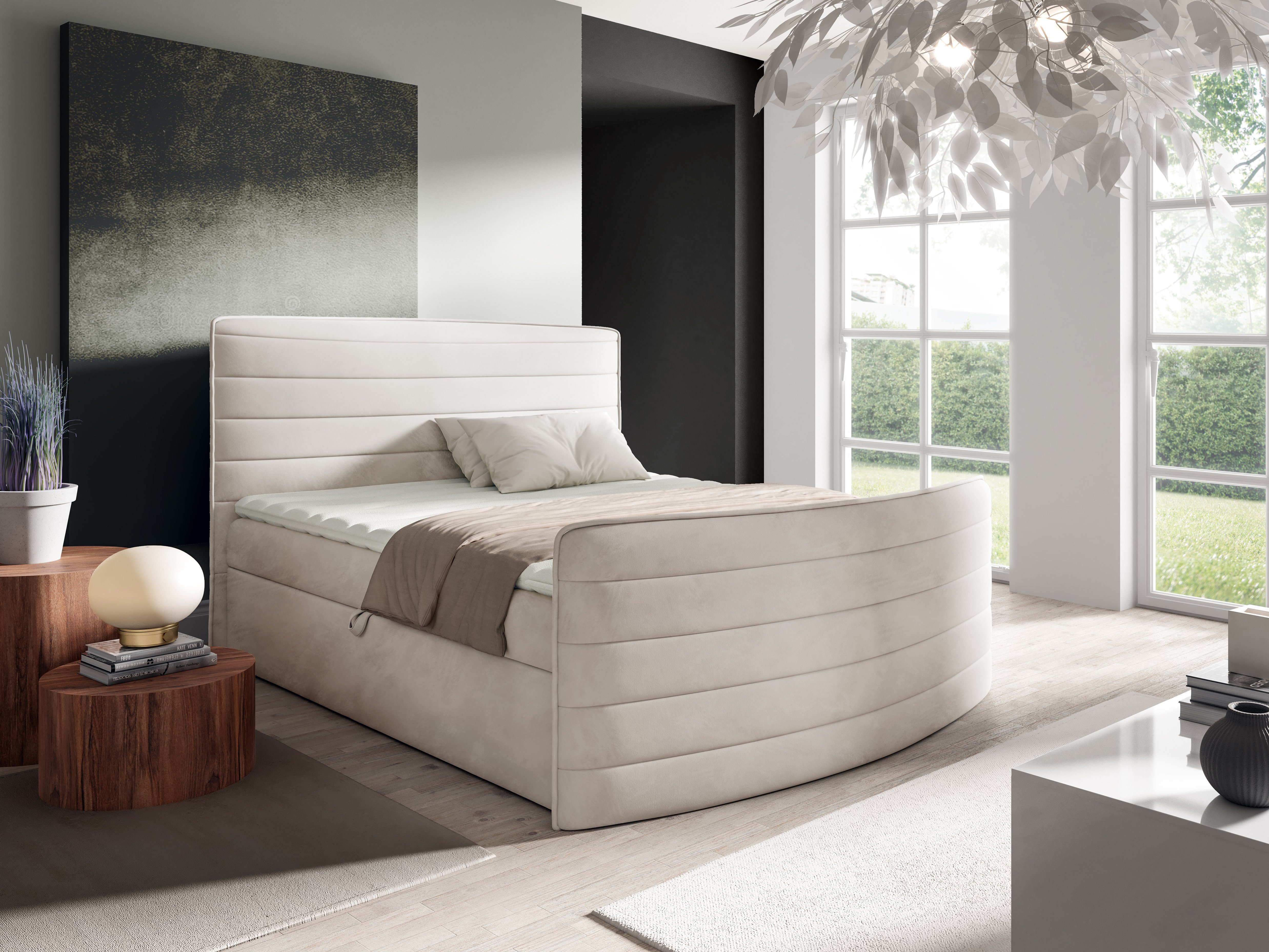 sofa4you Boxspringbett CLEO in Velourstoff inkl. Bettkästen, Bonellmatratze und Topper (pro Set vier Packstücke), mit seitliche öffnenden Bettkasten, inklusive Matratze und Topper