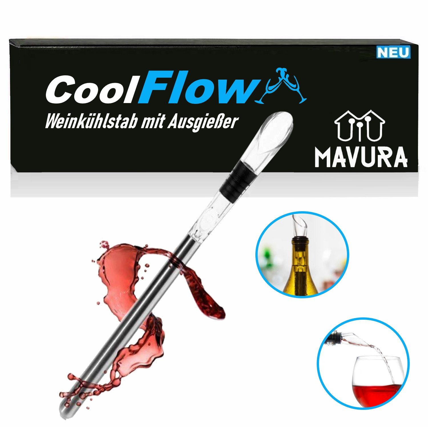 MAVURA Weinkühler CoolFlow Weinkühlstab mit Ausgießer Weinkühlerstab mit Dekanter, Edelstahl Flaschenkühler Stab Weintrinker Weinzubehör