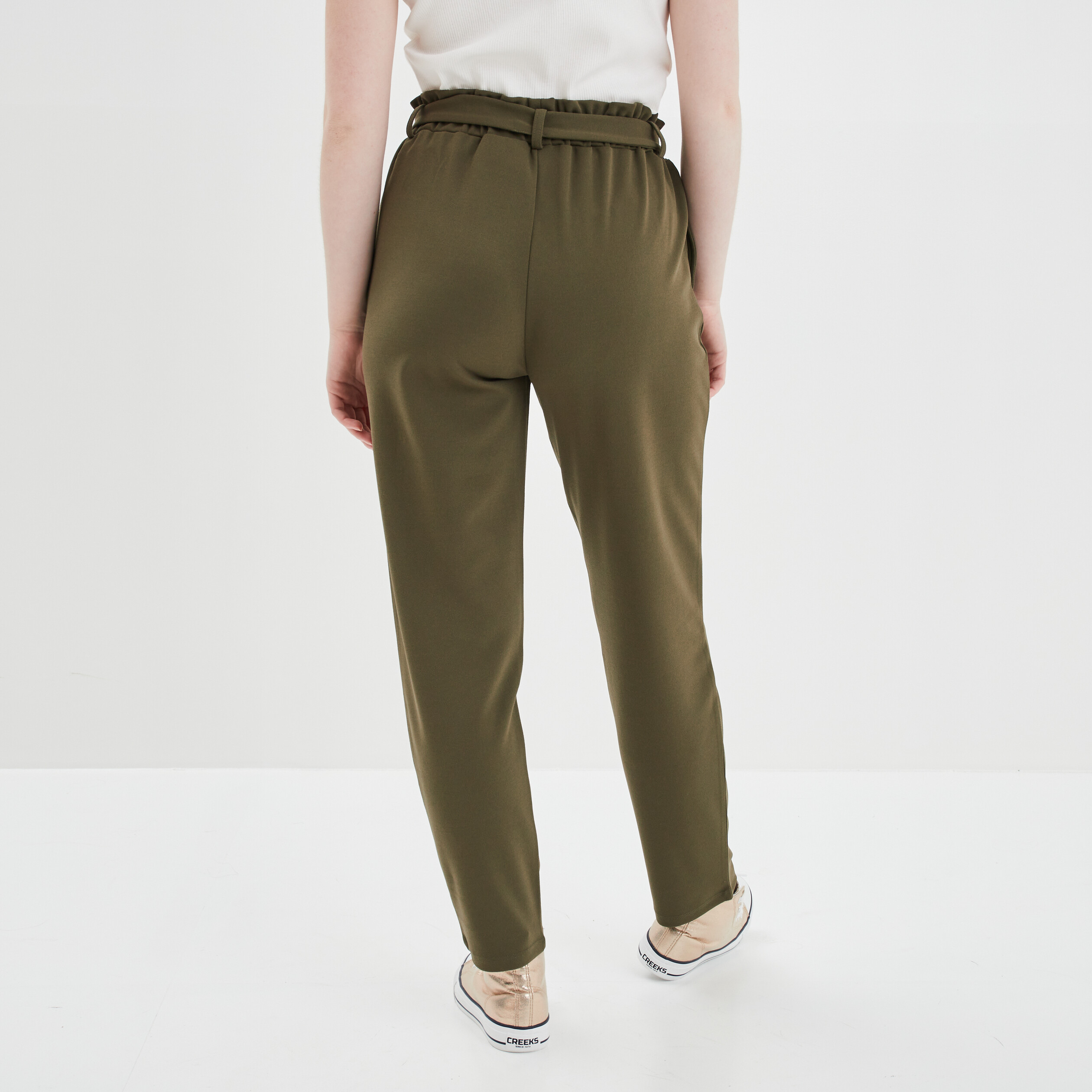 Pantalon city paperbag ceinturé vert kaki femme | La Halle