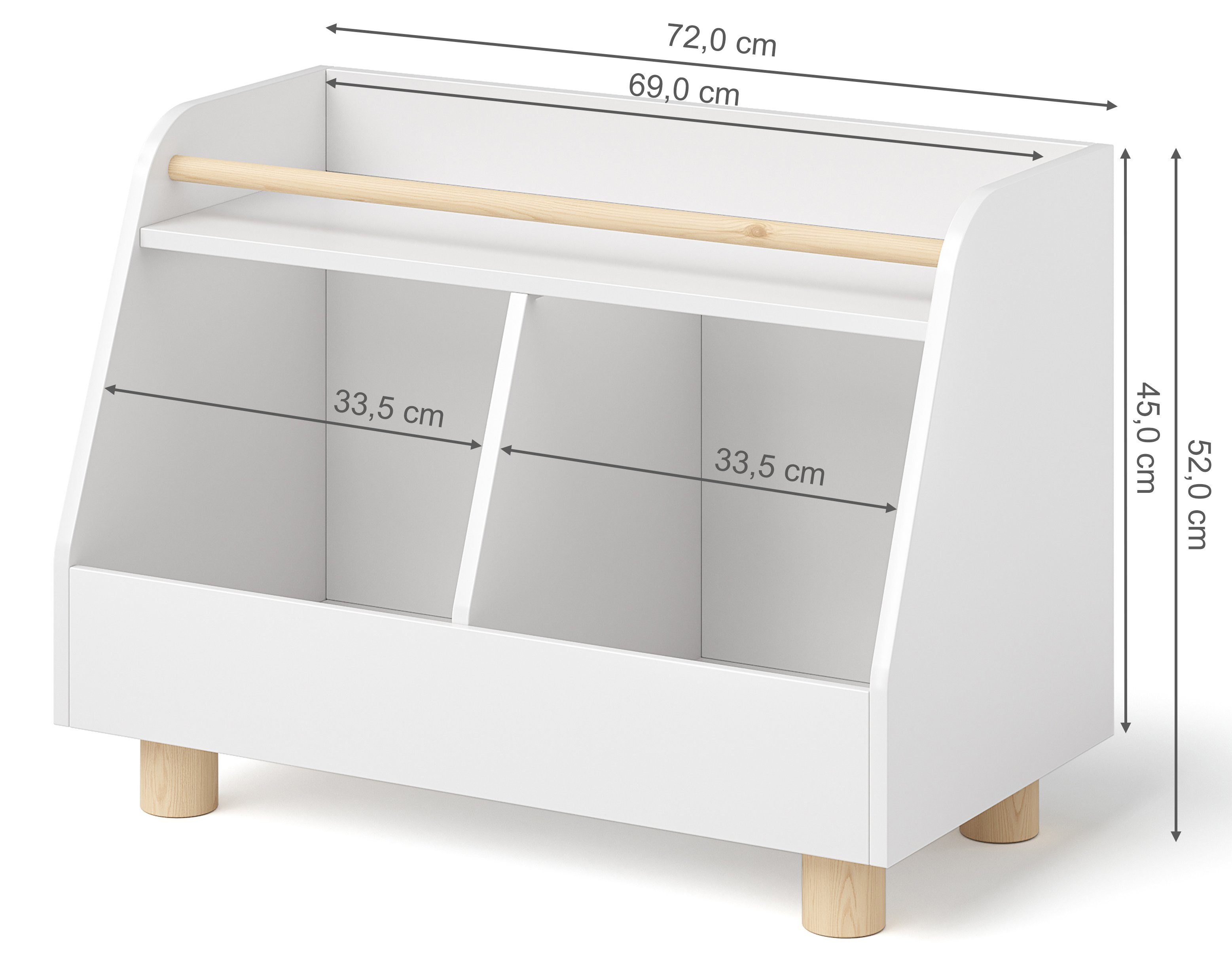 Bellabino Kinderregal Belly, Spielzeugregal weiß, 2 Fächer für Spielzeug, 1 Ablage