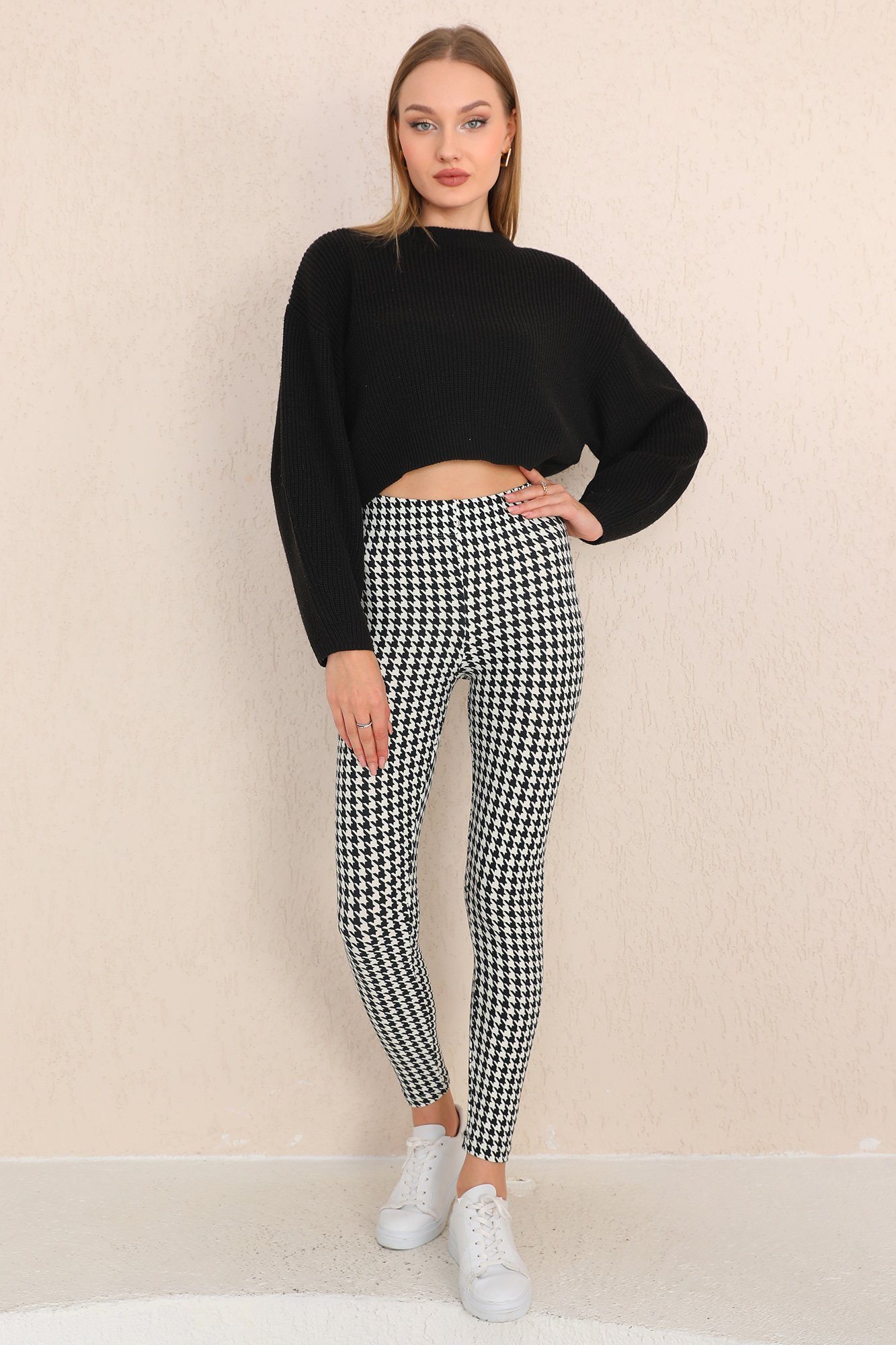 Bongual Leggings mit Hahnentrittmuster samtweich schwarz-weiß