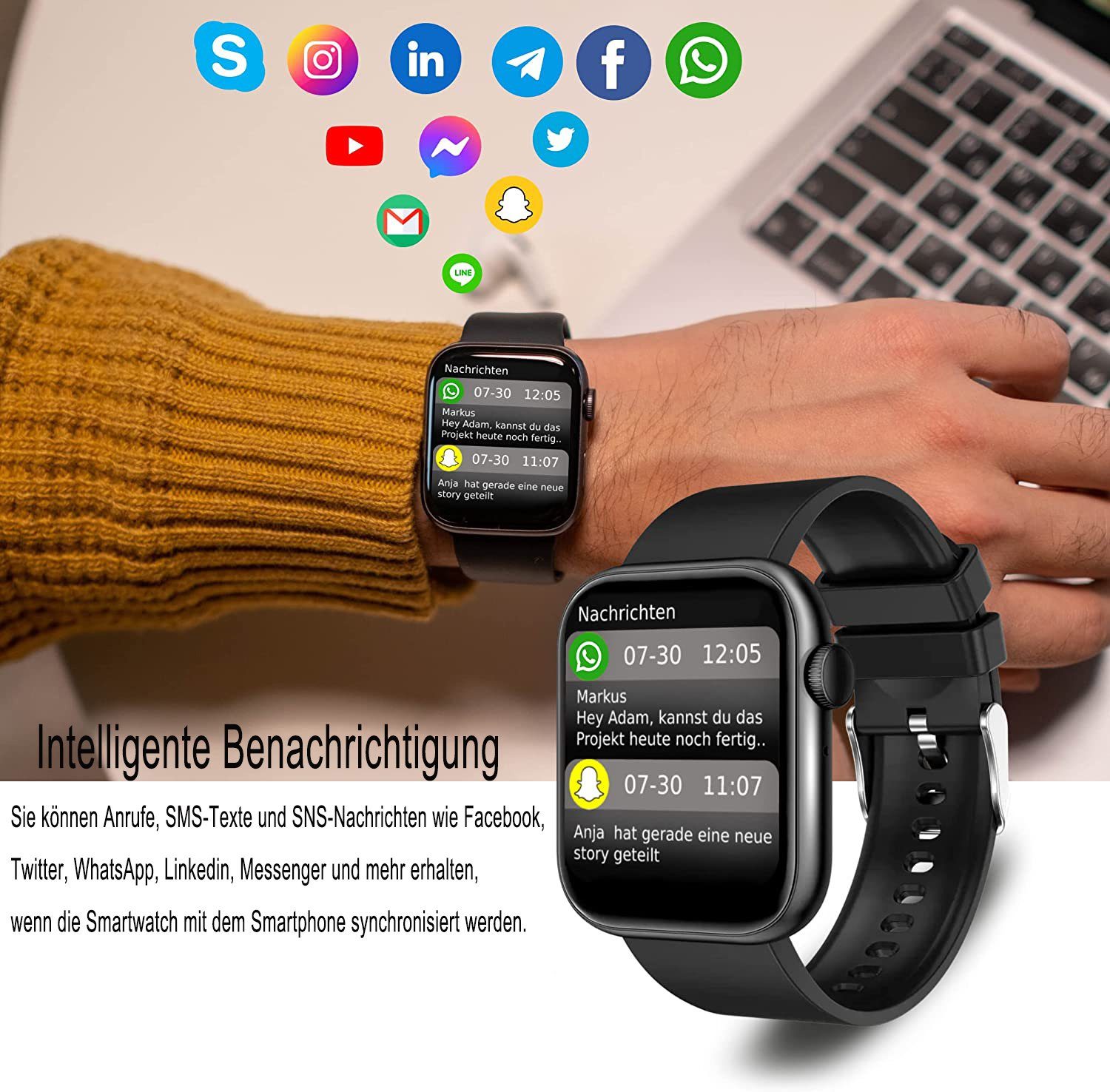 Mutoy Smartwatch Fitness Tracker Damen Herren mit Telefonfunktion Smartwatch (1.85
