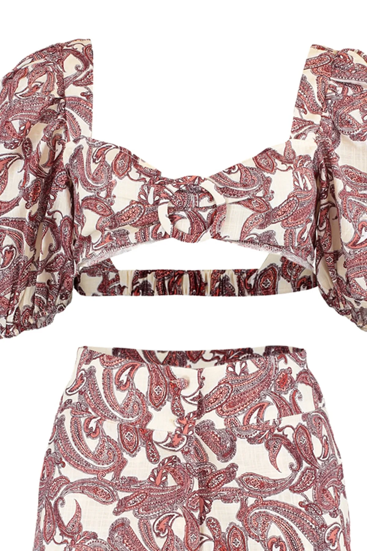 Trendyol Collection  Schal-Muster, Ballonärmel, Schnalle, Strand-Shorts in Leinen-Optik, Strand-Blusen-Set in Leinen-Optik