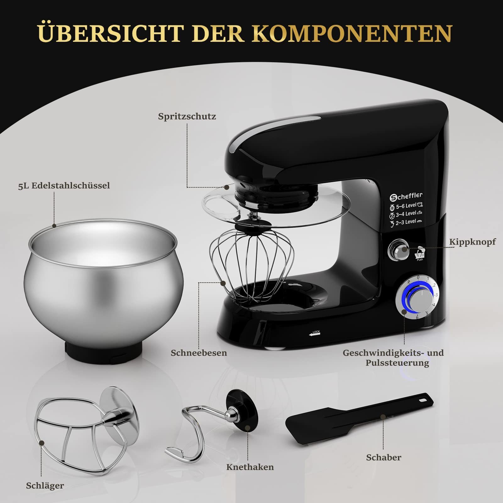 Scheffler Küchenmaschine 5L Edelstahlschüssel Knetmaschine mit 6 Geschwindigkeitsstufen, 2000,00 W, 5,00 l Schüssel, Teigmaschine mit Rührbesen, Knethaken, Schläger und Spritzschutz