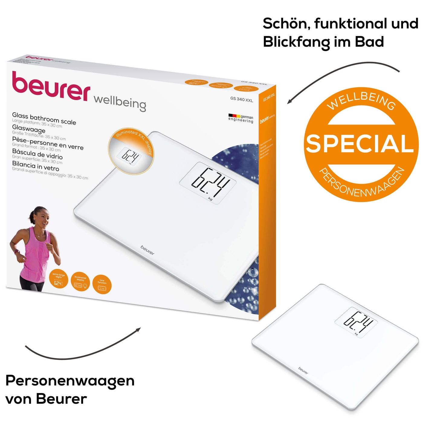 Beurer Glaswaage GS 340 XXL-Große Personenwaage aus Glas mit praktischer Tara-Zuwiegefunktion - bis 200 kg