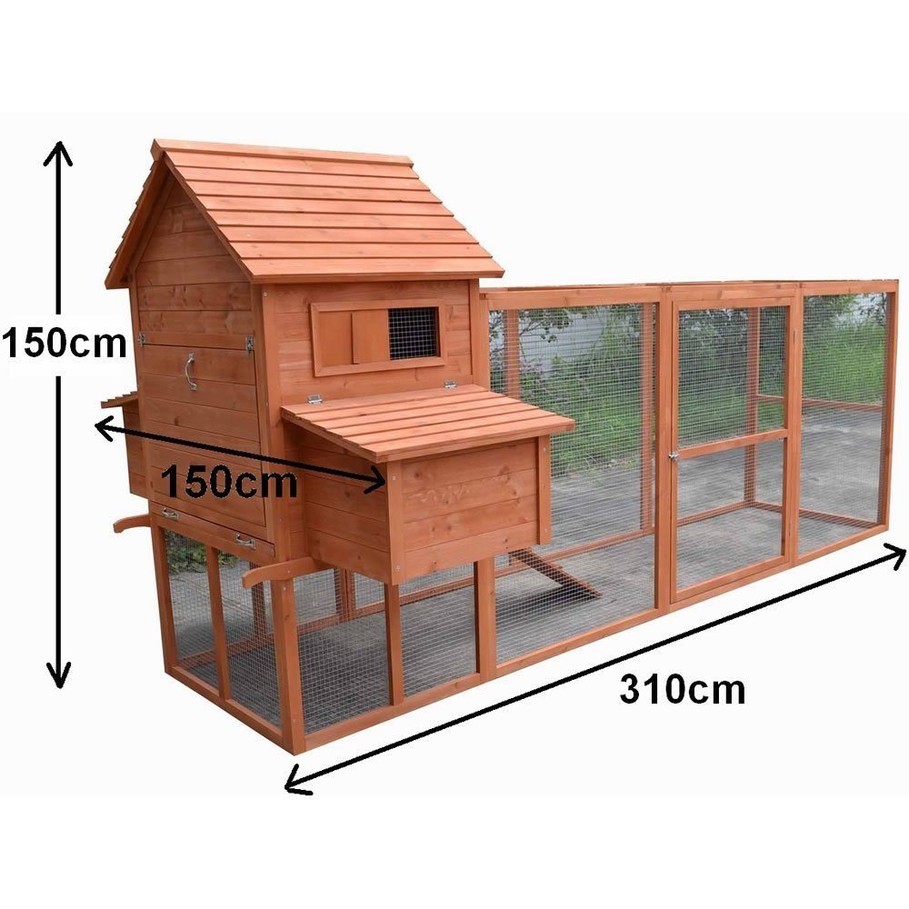 Melko Hühnerstall Geflügelstall Hasenstall Kaninchenkäfig Hühnerhaus XXL aus Holz in Braun mit Gitter, Türen, Freilauf und Überdachung für Hühner & Kleintiere, Freilauf