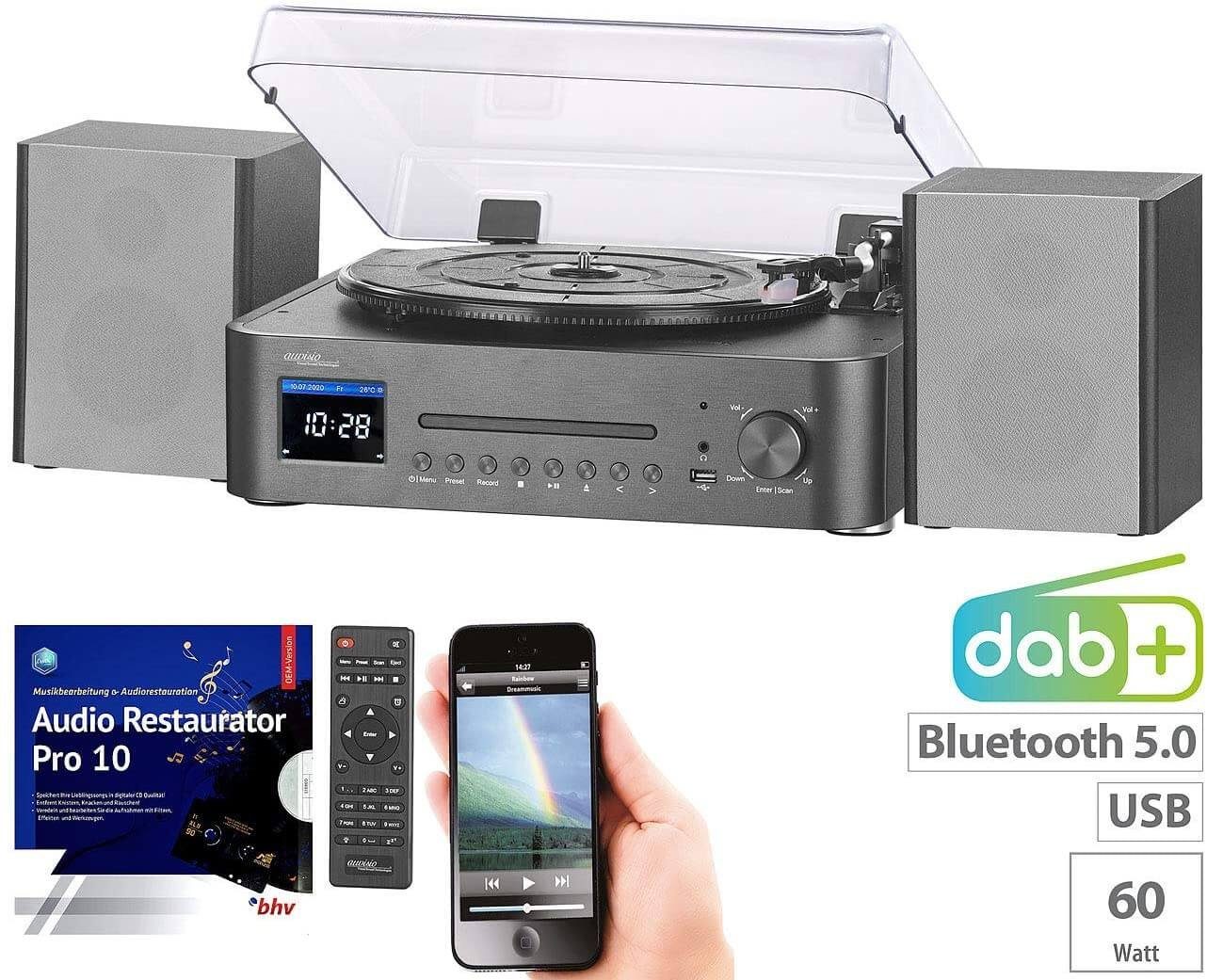 auvisio Musikanlage MHX-630 Plattenspieler/Digitalisierer Plattenspieler (Bluetooth, DLNA, WLAN, klassischen UKW-Empfang, Entferneung von Rauschen oder Knackser)