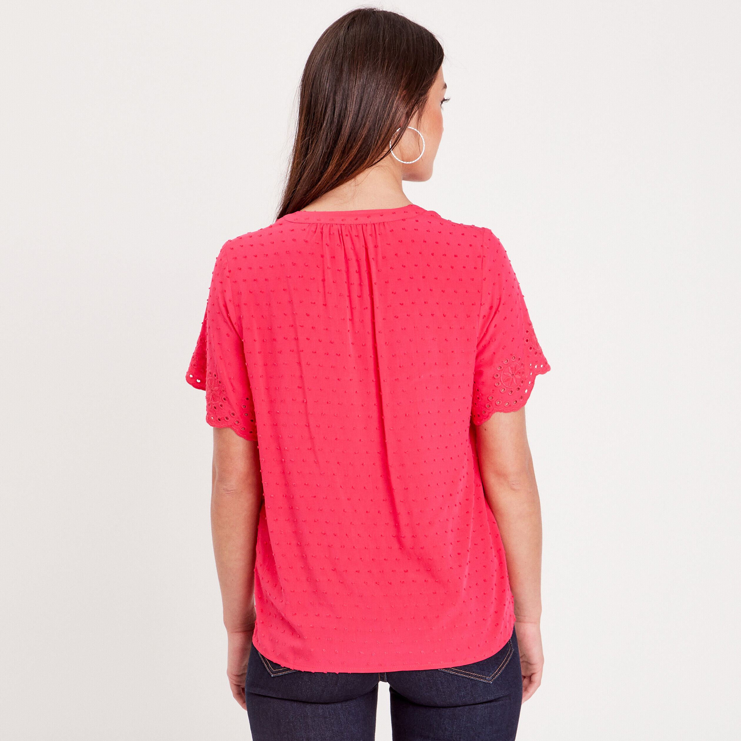 Blouse manches broderie rose vif femme | Cache Cache