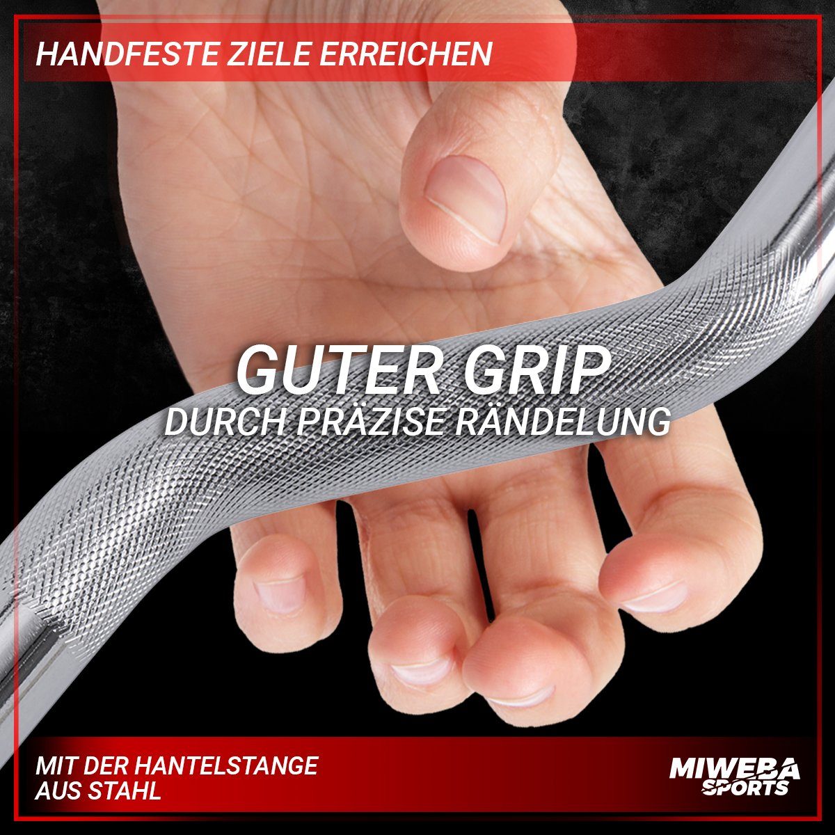 Miweba Sports SZ-Curlstange Profi SZ-Stange CS100 inkl. Sternverschlüsse, Stahl, 120,00 cm (30mm, 120.0 x 6.7 x 6.7 cm, 230 kg max. Belastung, Stahl, geriffelt, gelenkschonend, Anti-Rutsch, Curlstange, SZ Hantelstange, Workout, Training, Ganzkörpertr