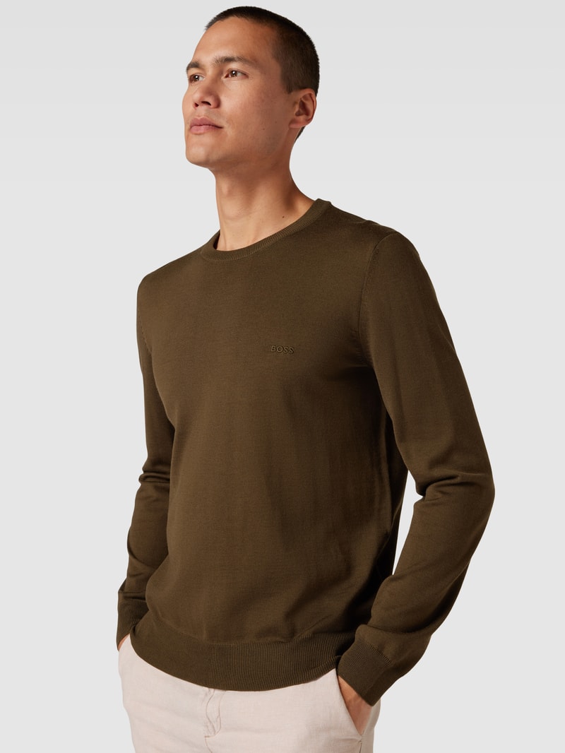 Strickpullover aus Schurwolle mit Label-Stitching Modell 'Otto' in mittelbraun
