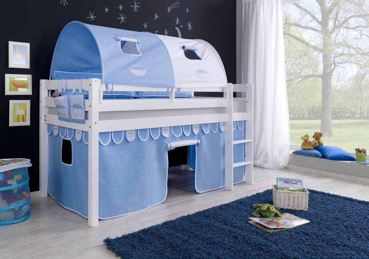 Relita Halbhohes Spielbett ALEX Buche massiv weiß lackiert mit Stoffset blau/boy