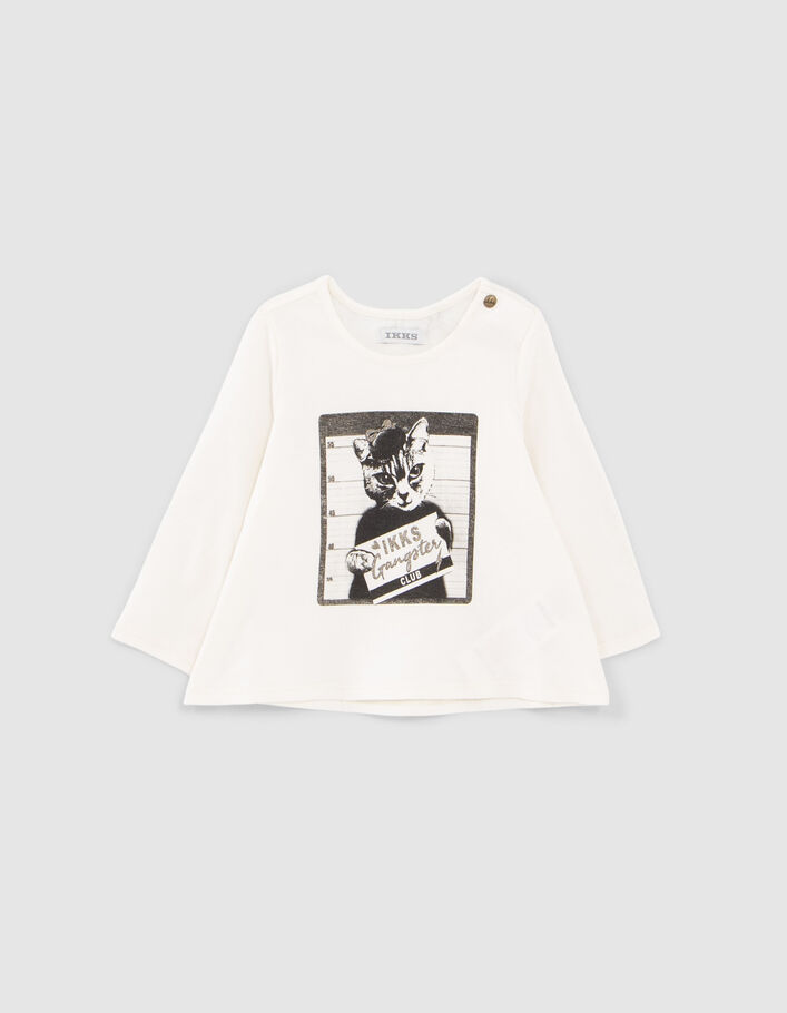 T-shirt écru coton bio visuel chat-gangster bébé fille