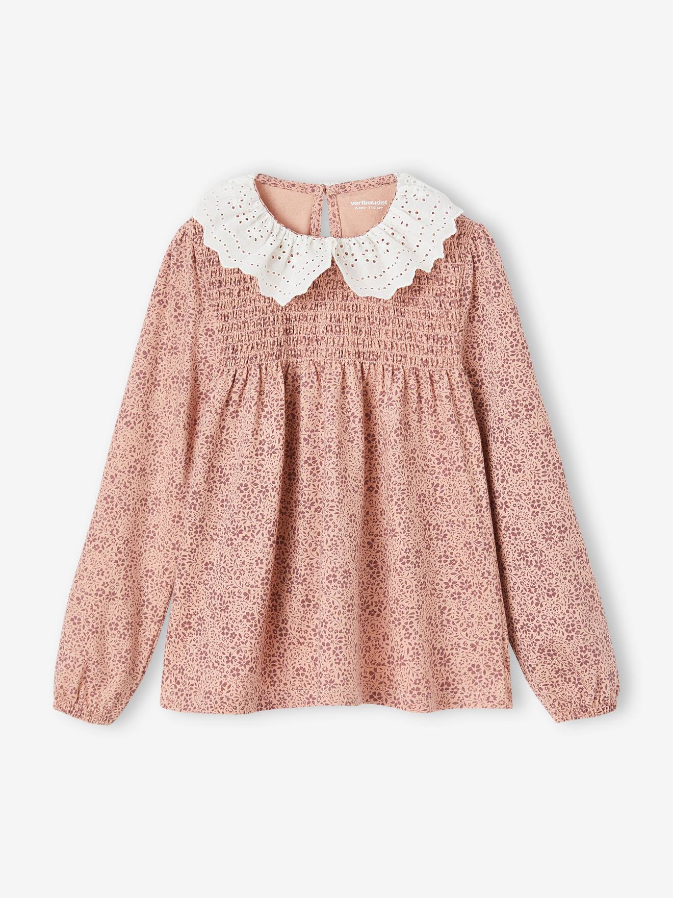 T-shirt blouse col en broderie anglaise fille marine rayé
