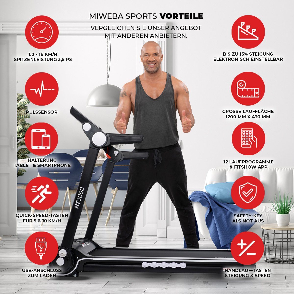 Miweba Sports Laufband Profi Sportgerät HT3000 - 16 km/h - 15 % Steigung - klappbar (Treadmill, Trainingsgerät, Fitnessgerät, Heimtrainer, Speedrunner, Fitness, Workout, 1-tlg., 120 kg Traglast, 12 Laufprogramme, 2 Quick-Speed Programme, Fitshow-App,