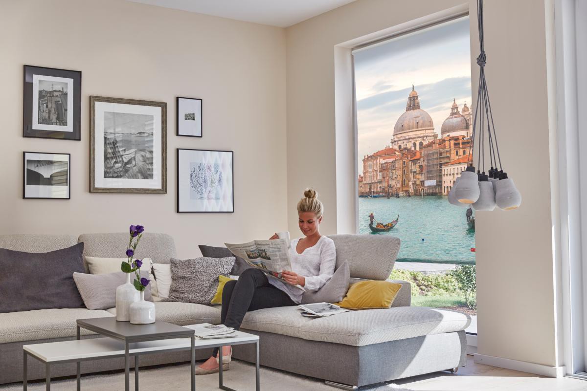Lichtblick Rollo Klemmfix, ohne Bohren, blickdicht, Venedig Canal Grande - Blau, 90 x 150 cm (B x L)