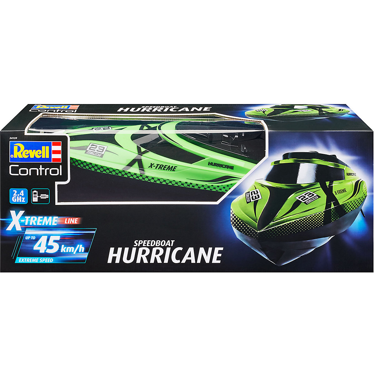RC X-TREME Speedboat "Hurricane", bis zu 45 km/h, Anti-Kenter-Funktion, mit Schutzschaltung - die Propeller laufen erst im Wasser an, Revell Control schnelles Ferngesteuertes Boot, 46 cm