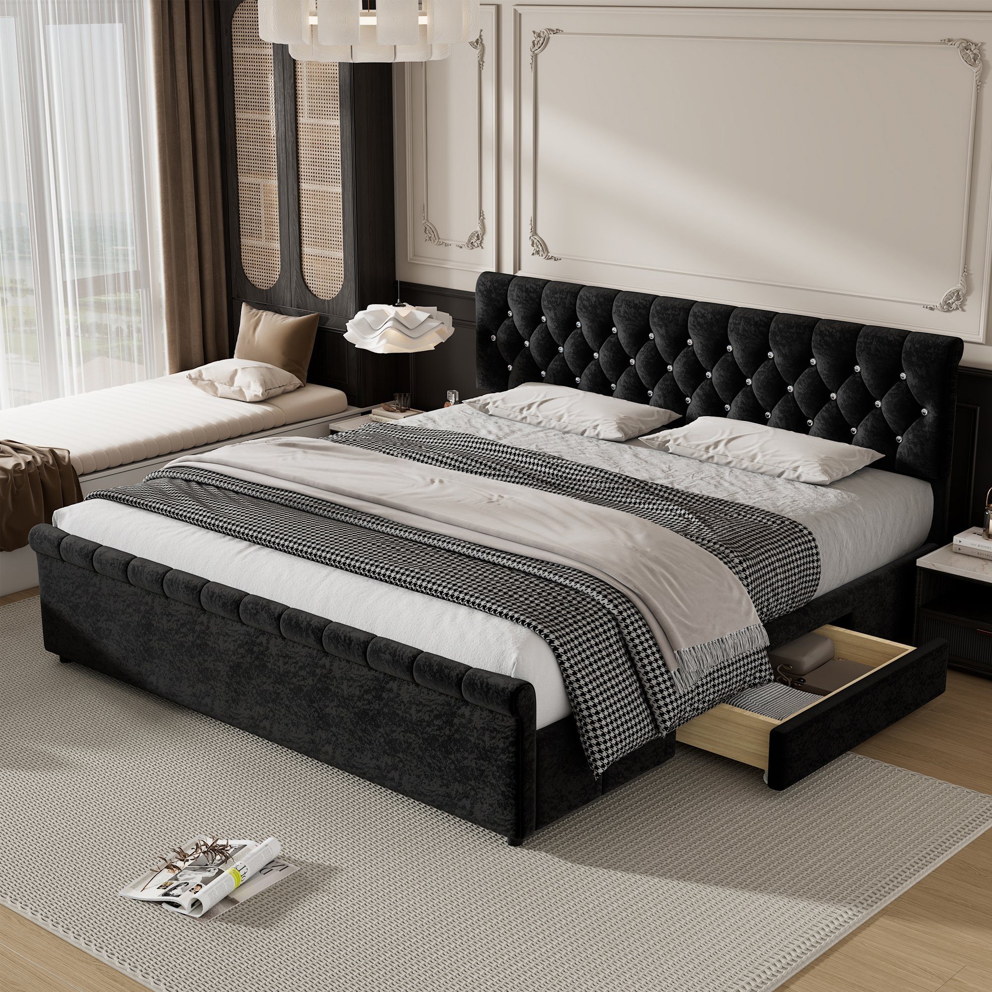 OKWISH Polsterbett Jugendzimmer (mit Lattenrost und Rückenlehne, Doppelbett mit 2 Schublade, Kopfteil mit diamantförmigen Zugpunkten Schlittenform), Einfache Montage, Schneeflocken-Vlies, schwarz
