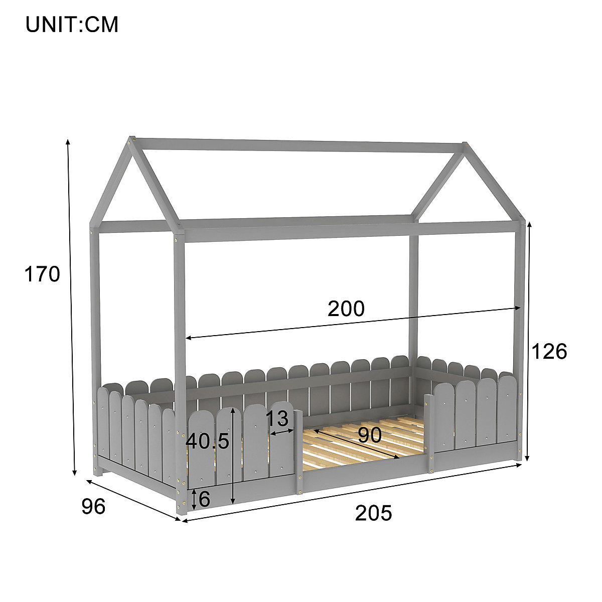 Hausbett 90x200 cm mit Rausfallschutz und Lattenrost aus Massivholz