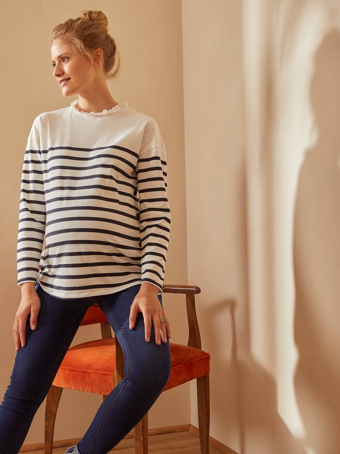 Vertbaudet Shirt mit Volantkragen, Schwangerschaft & Stillzeit - beige/schwarz