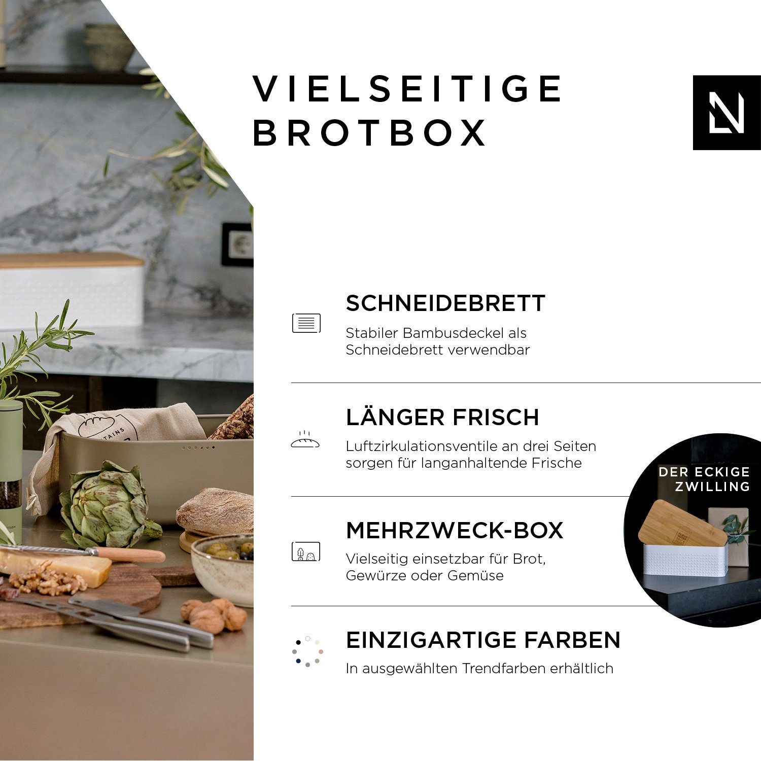 LARS NYSØM Brotkasten Ægte, 18/8 Edelstahl, Metallbrotbox mit Brotsack und Bambusschneidebrett