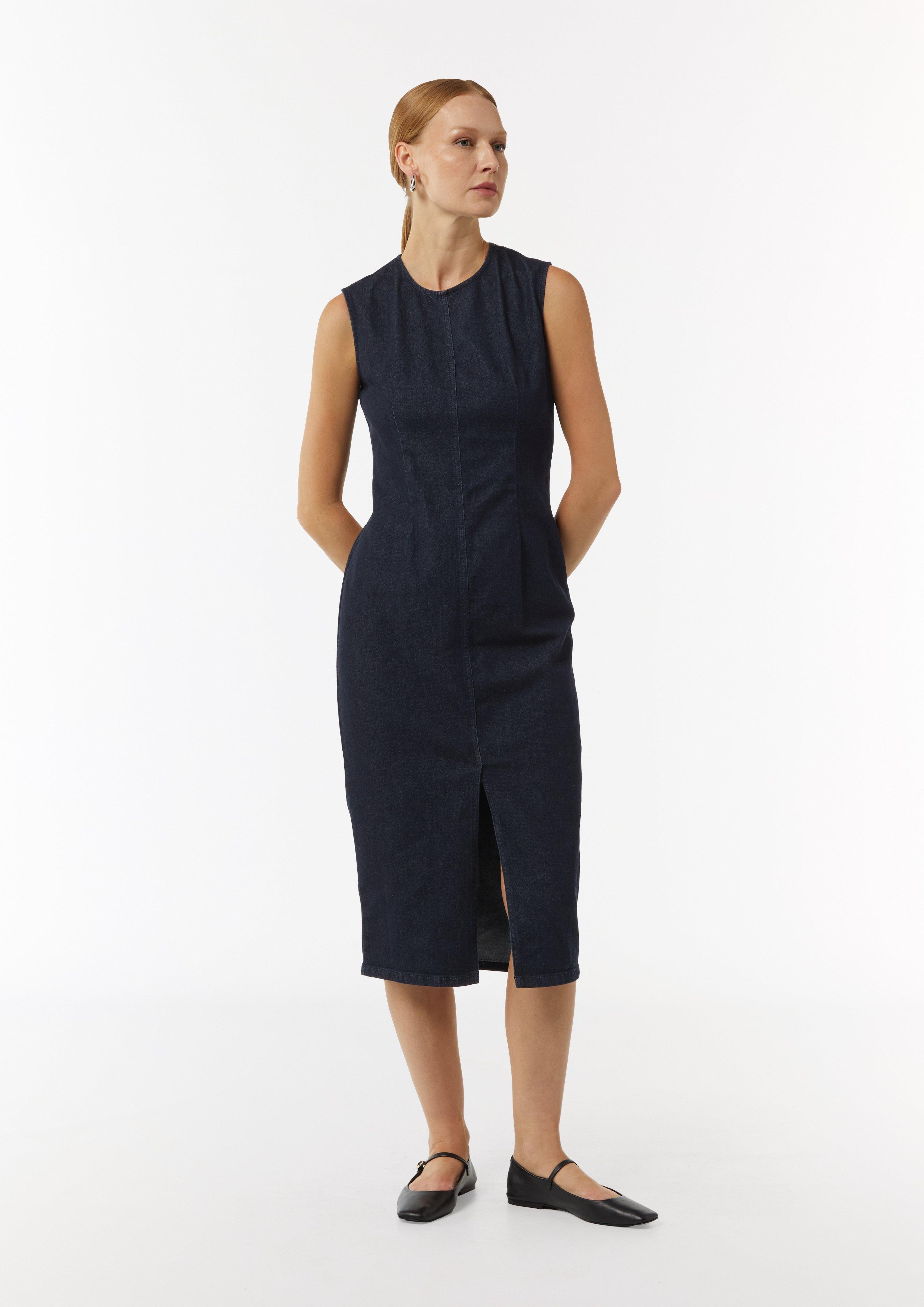 Elastisches Denim-Kleid mit Schlitz - navy