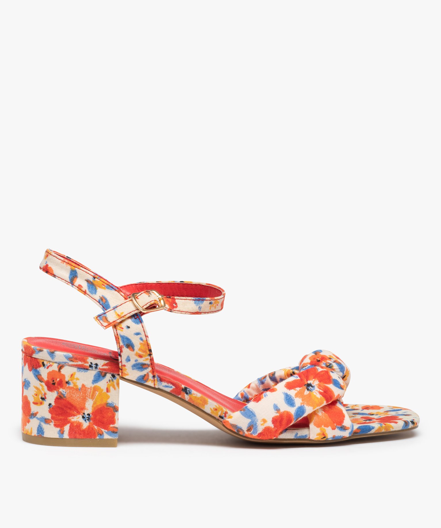 Sandales femme à talon dessus en tissu fleuri imprime | GEMO