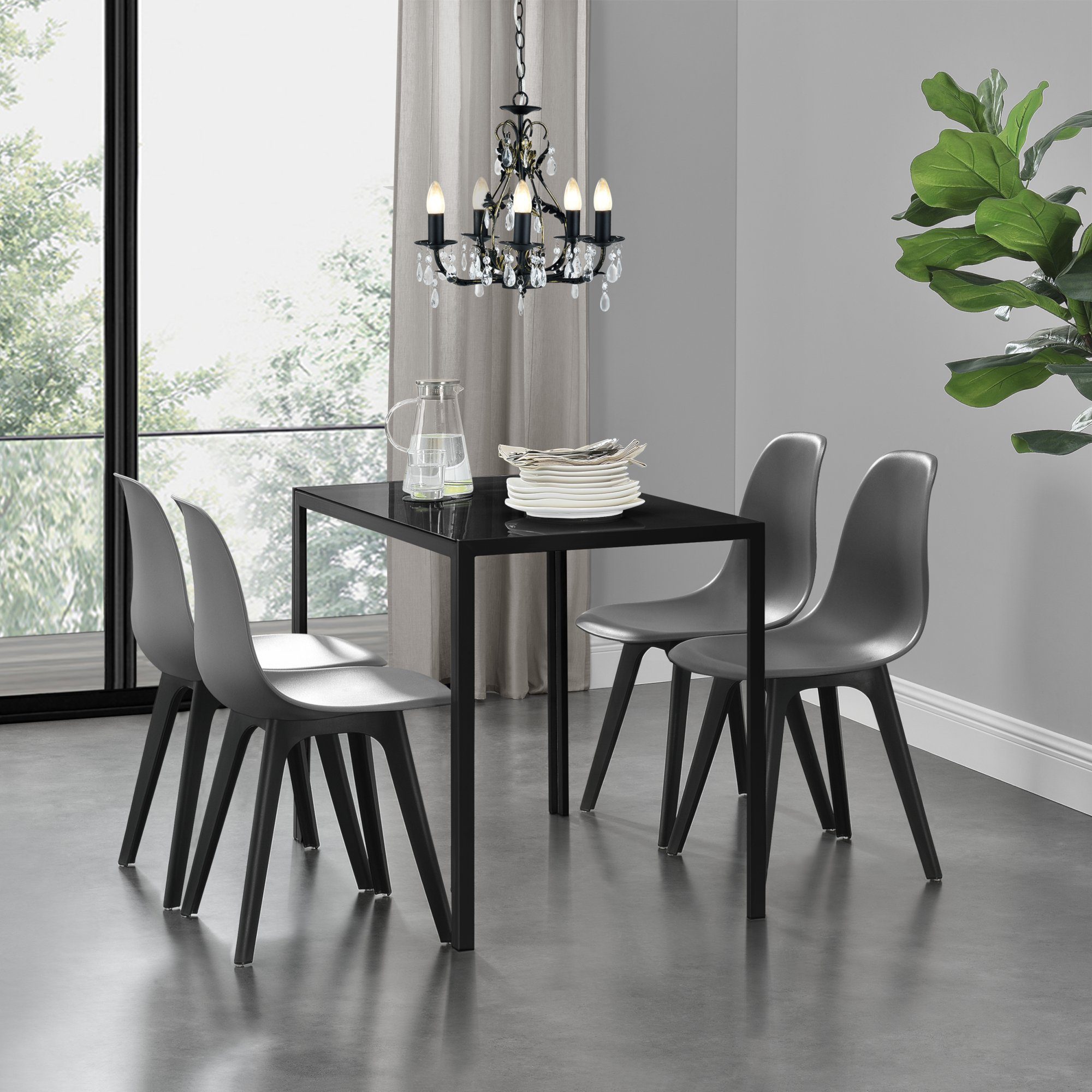 en.casa Essgruppe, (Set, 5-tlg., 4 Stühle, 1 Tisch), Stathelle Küchentisch mit Stühlen Grau/Schwarz