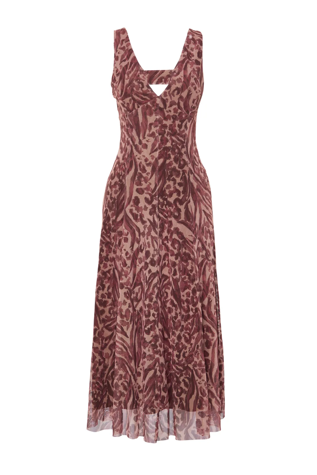 Trendyol Collection  Braunes Tüllkleid mit V-Ausschnitt und Blumen- und Leopardenmuster TWOSS24EL00384