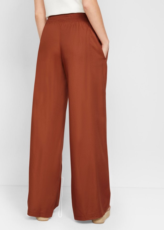 Weite Hose aus Viscose mit High-Waist-Smockbund, Crepegewebe