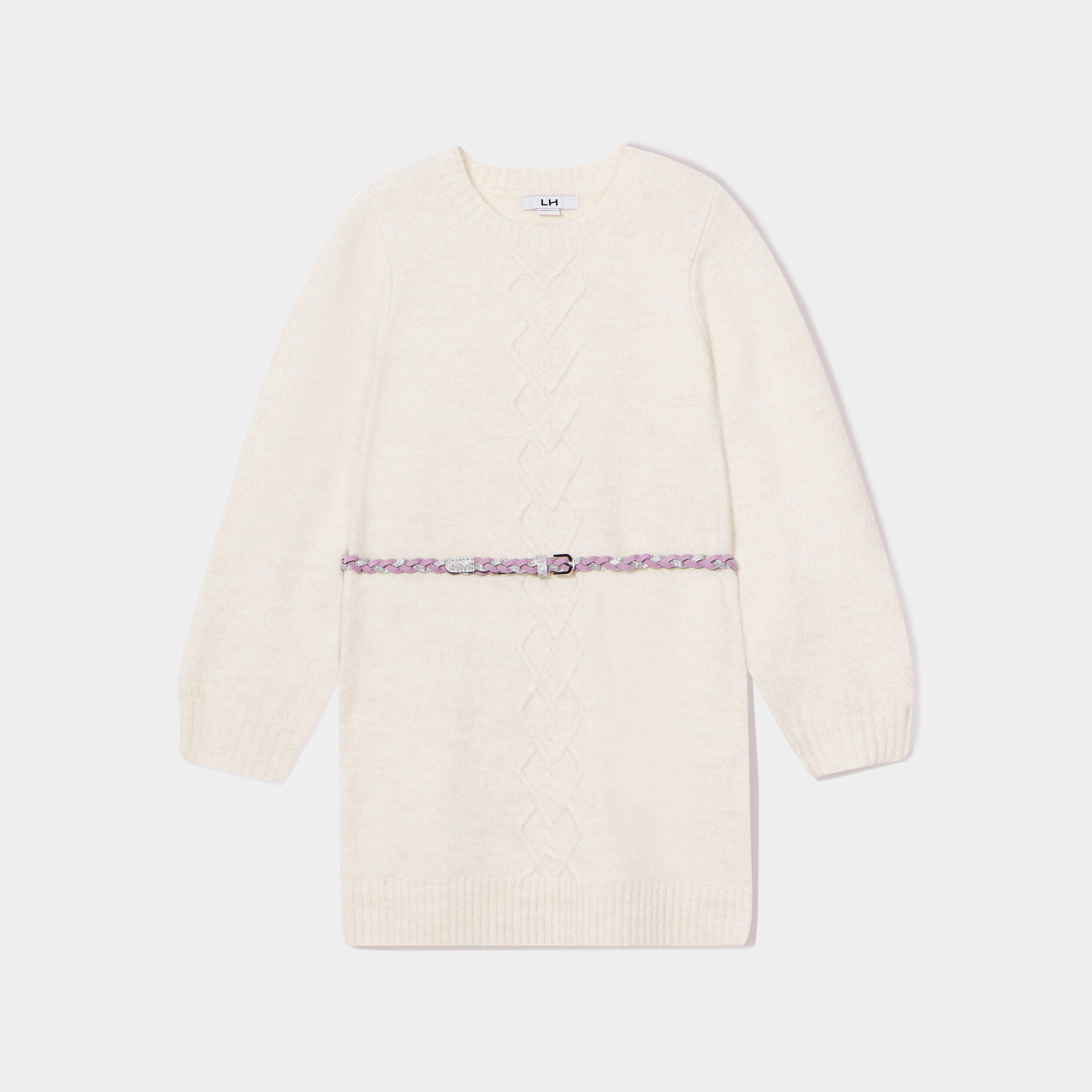 Robe pull avec torsades et ceinture beige fille | La Halle