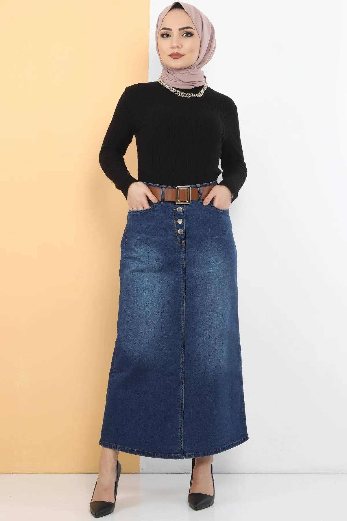 Tesettür Dünyası  Jeansrock mit Gürtel TSD231015 Dunkelblau