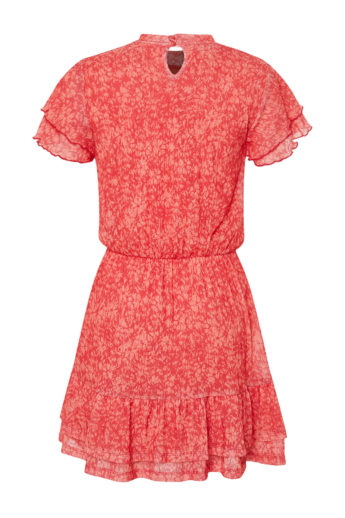 Trendyol Collection  Roter, speziell strukturierter Rock mit Rüschen, Mini, kurzen Ärmeln, Stehkragen, dehnbares Strick-Minikleid TWOSS24EL00485