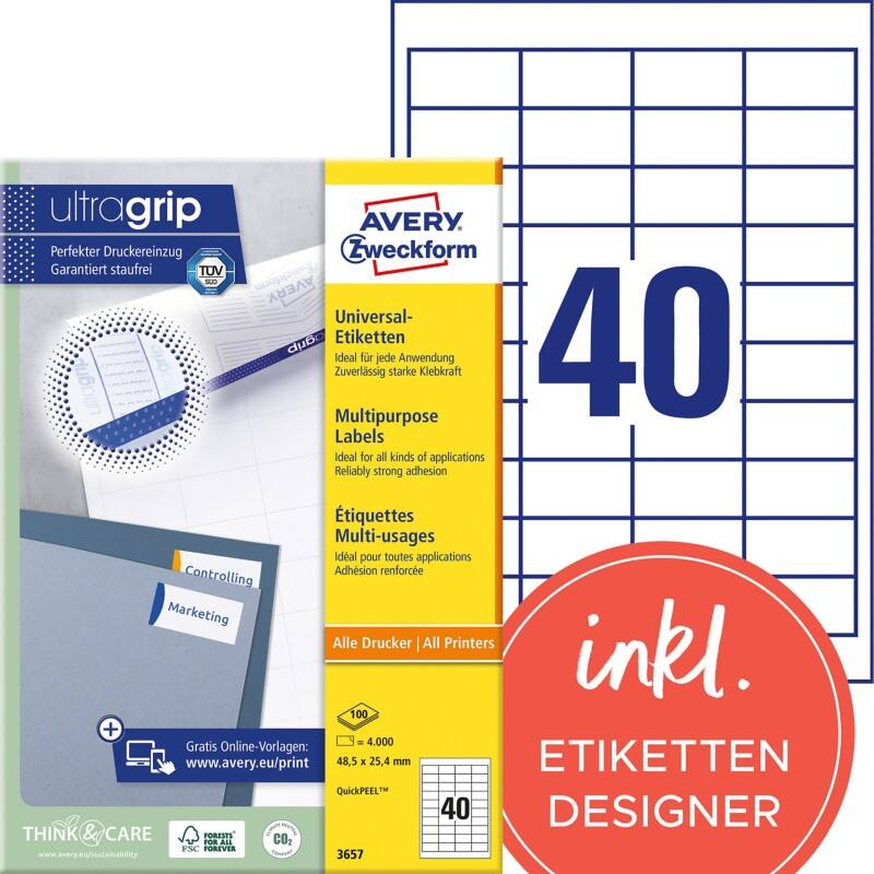 AVERY Zweckform Abziehhilfe QuickPEEL,ultragrip Universaletiketten 3657 Selbsthaftend DIN A4 Weiß 48,5 x 25,4 mm 100 Blatt à 40 Etiketten