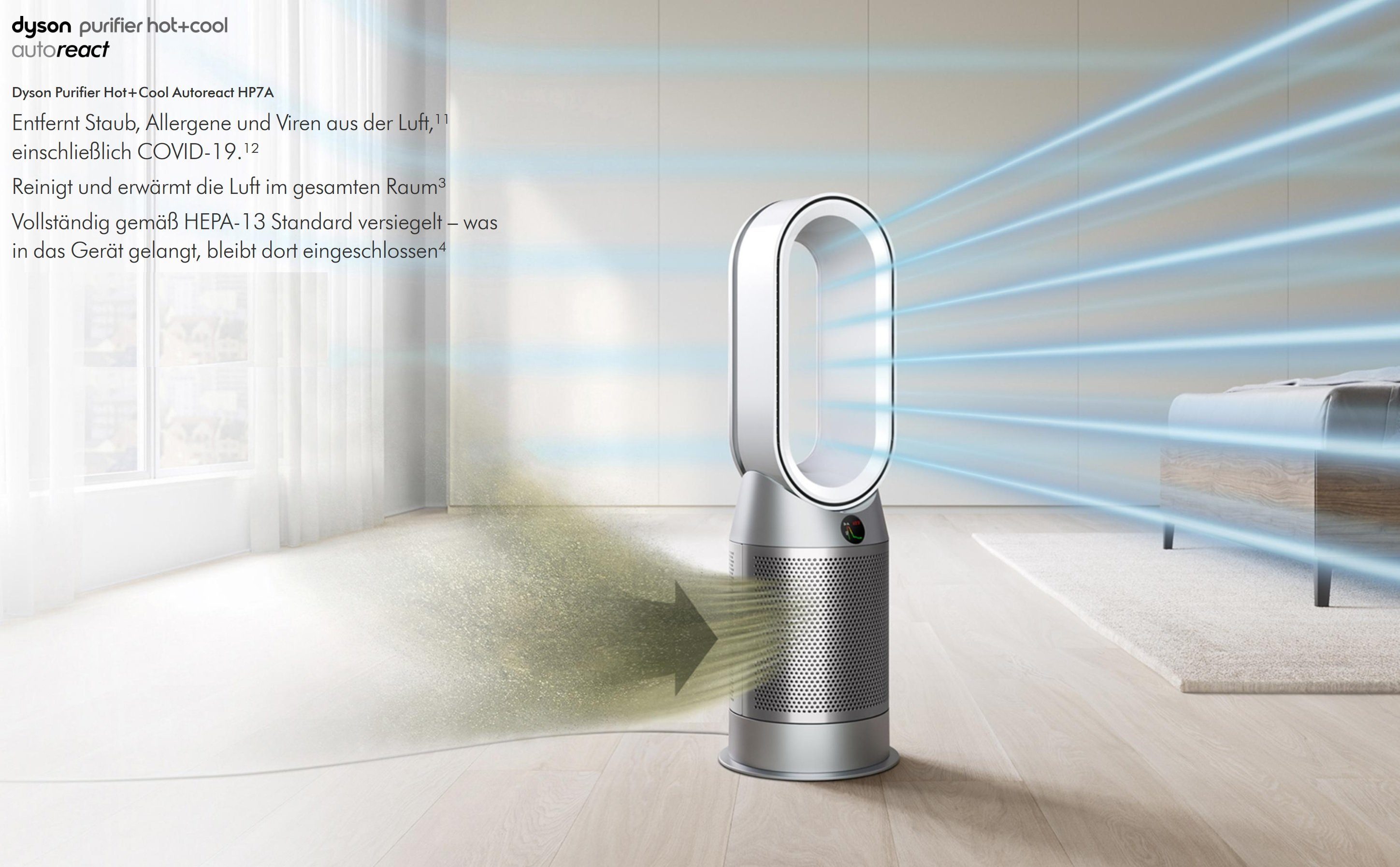 DYSON Kombigerät Luftreiniger, Ventilator und Heizlüfter HP7A Purifier Hot+Cool React 3in1 Ventilator Luftreiniger, Heizlüfter, für 45 m² Räume, leise Schlafzimmer geeignet, Allergiker Raucherzimmer Luftfilter 99,5%