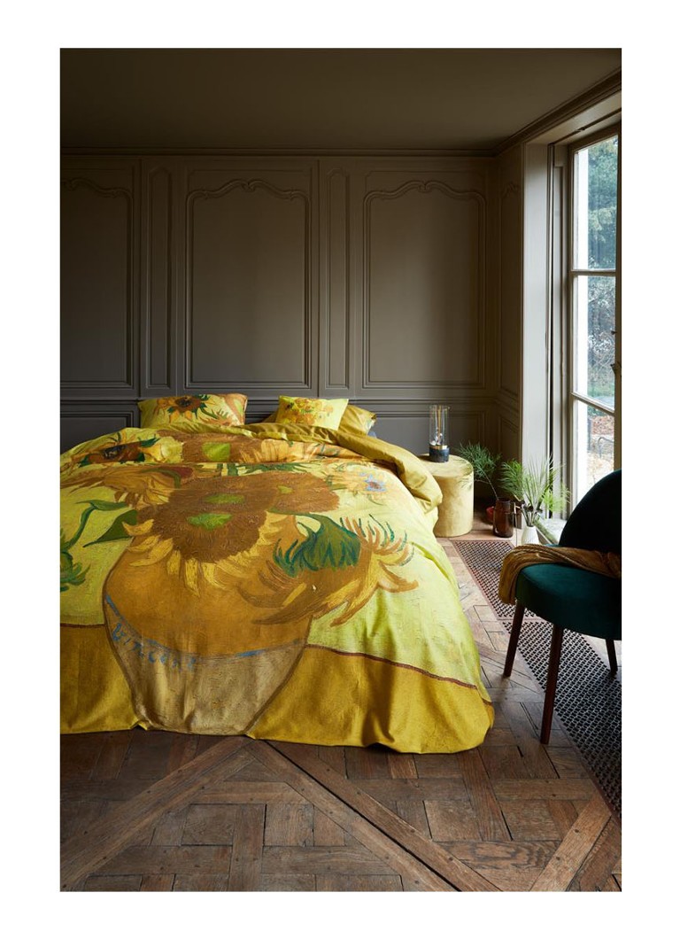 Set de lenjerie de pat din satin de bumbac cu imprimeu de floarea-soarelui, inspirat de Muzeul Van Gogh, complet cu fețe de pernă.