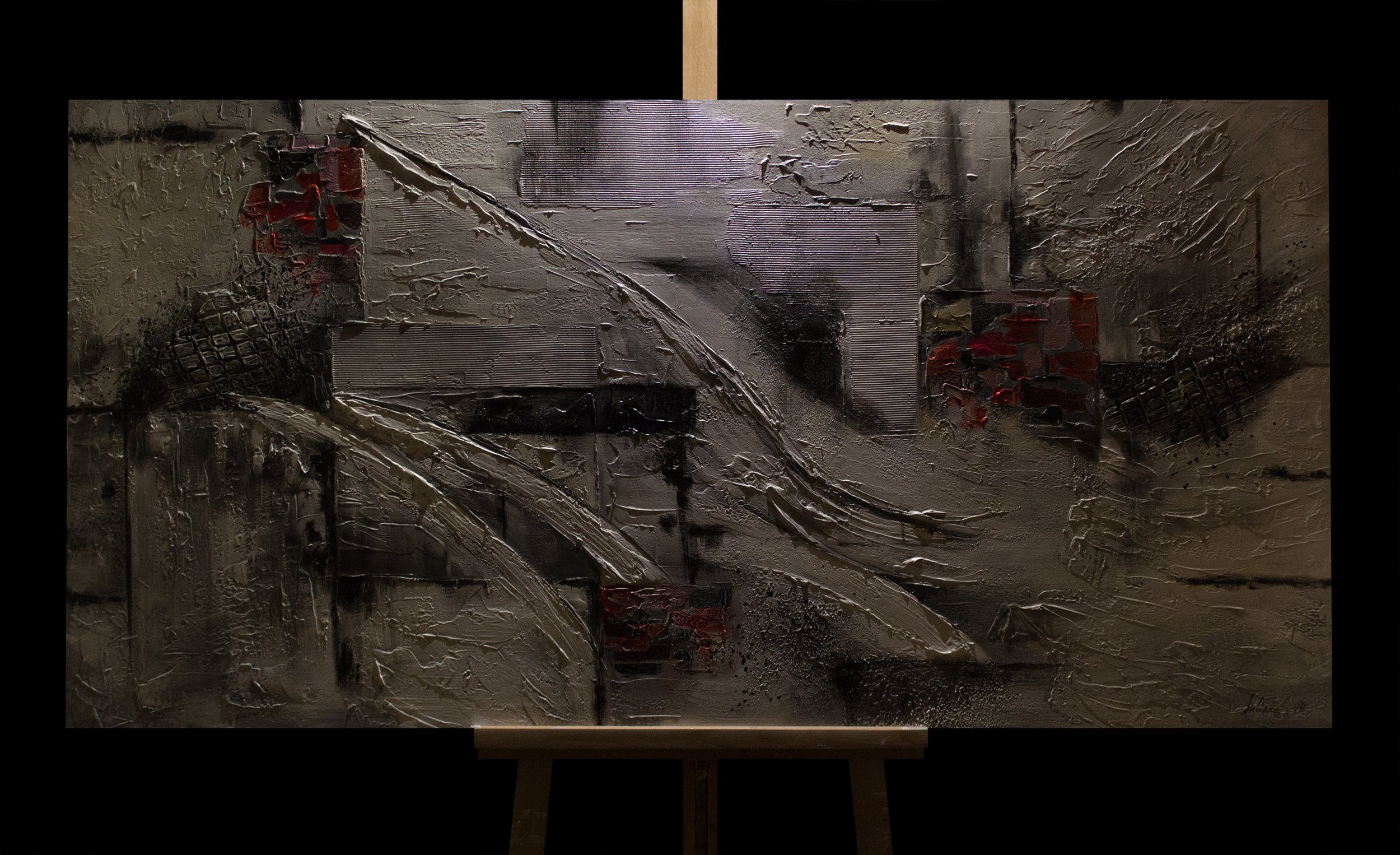 YS-Art Gemälde Abstraktion VII, Abstrakt, Abstraktes auf Leinwand Bild Handgemalt in Rot Schwarz Grau