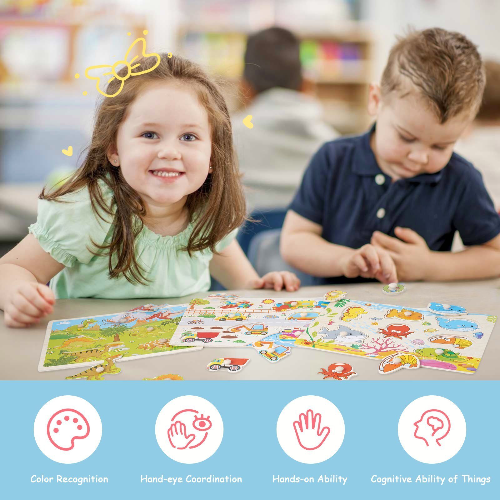 LBLA Lernspielzeug Holzpuzzle-Lernspielzeug: für Spaß und Lernen mit sicheren Materialien (6er Set), Vielfältige Designs( Dinosaurier, Fahrzeug, Bauernhof, Alphabet, Meer, Obst)
