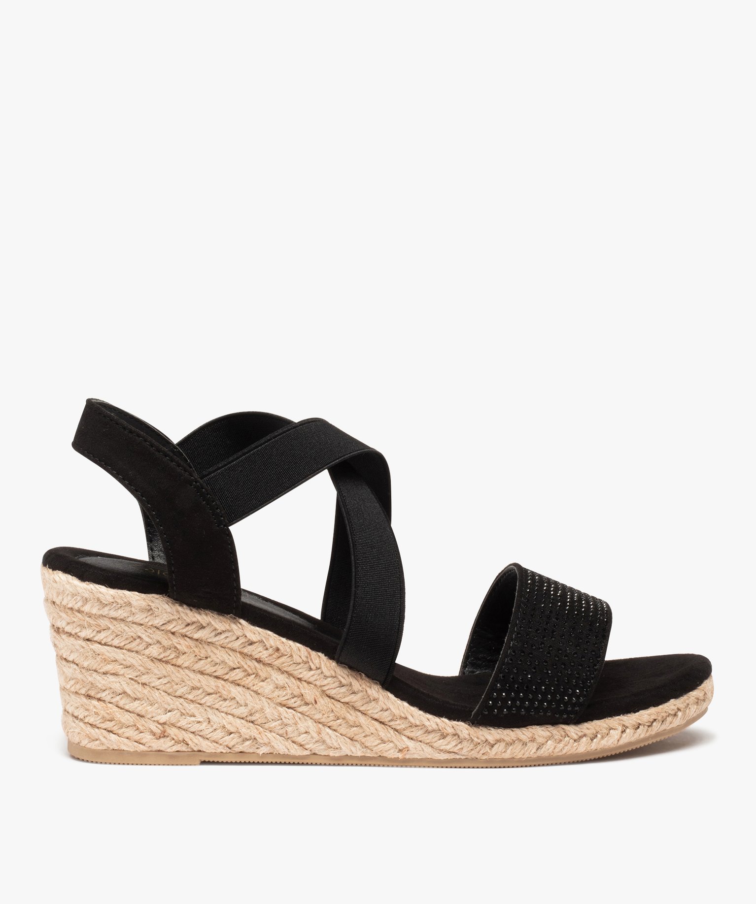 Sandales femme compensées à brides élastiques et strass noir | GEMO