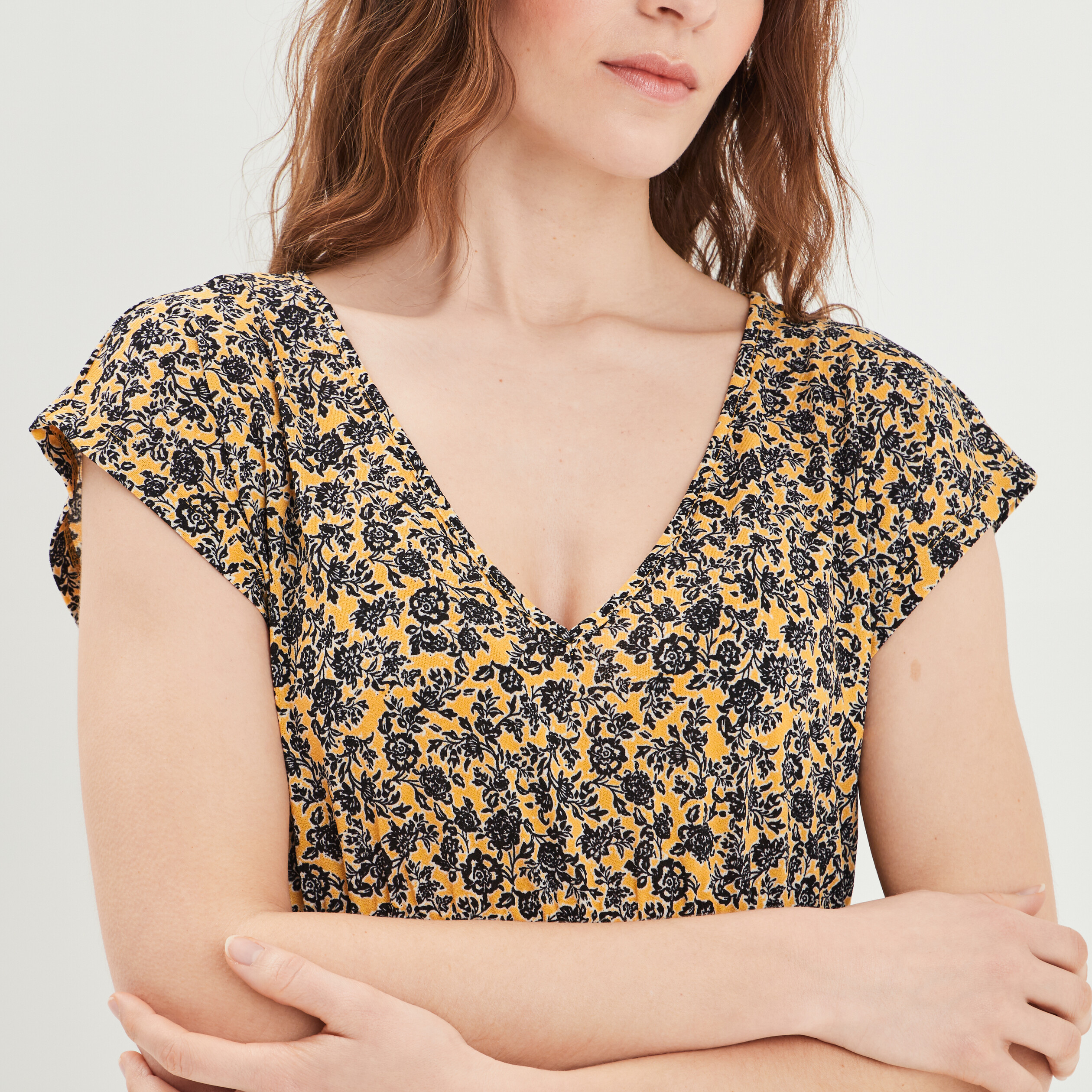 Robe évasée manches courtes jaune moutarde femme | La Halle
